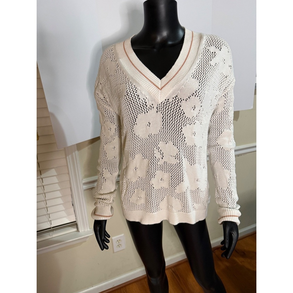 Lisa Todd Womens Floral Pointelle Knit V-Neck Sweater Cream Tan Stripe Small
